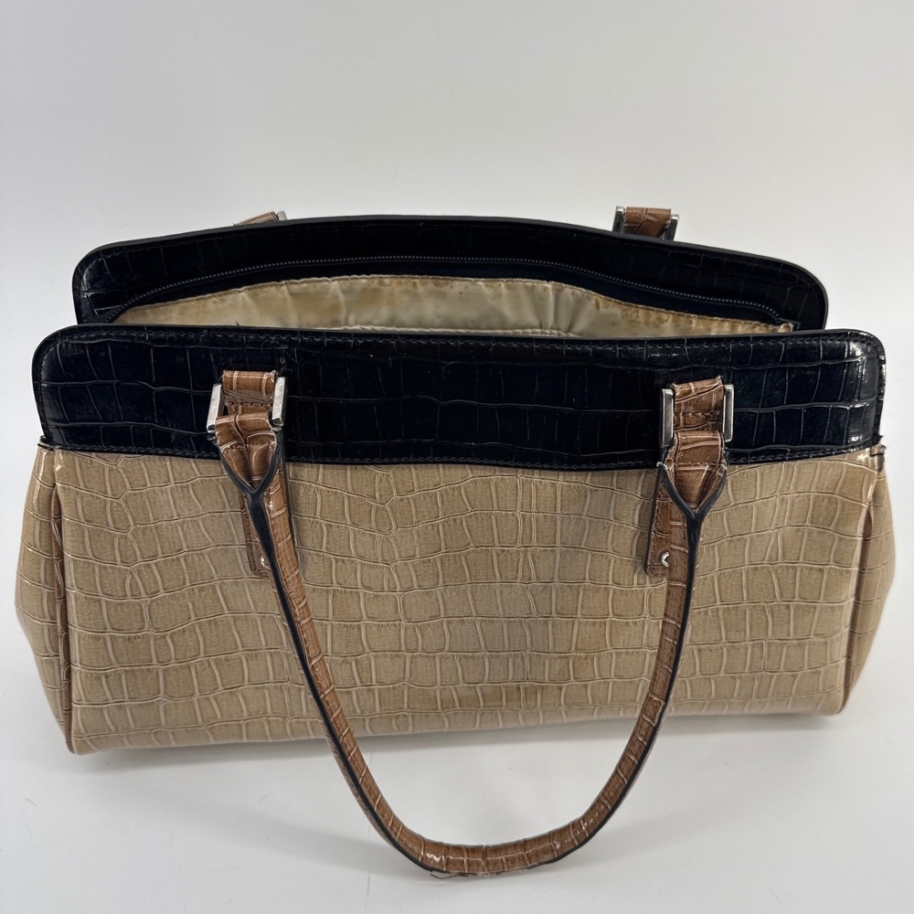 Guess Shoulder Bag Women's Tan Black Vintage Croc Embossed Logo Buckle Satchel - Picture 6 of 7